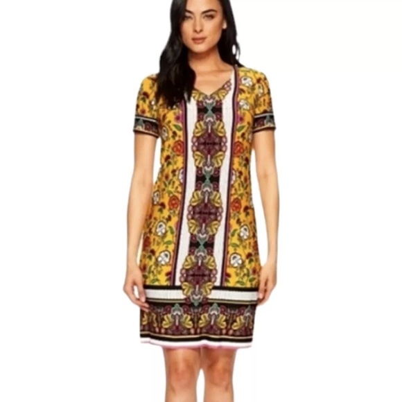 London Times Yellow Print Short Sleeve V-neck Floral Shift Mini Dress Size 4 - Picture 6 of 7